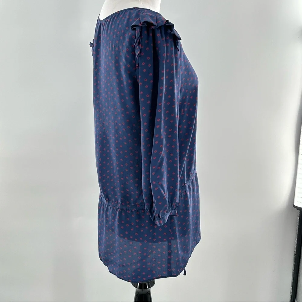 Petticoat Alley top S blue red 100% silk ruffle button down statement sleeves